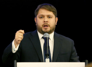 Democratic U.S. Congressional candidate Ruben Gallego gives his victory speech during the Arizona democratic party election night party, Tuesday, Nov. 4, 2014, in Phoenix. Gallego will represent Arizona's 7th congressional district. (AP Photo/Matt York)