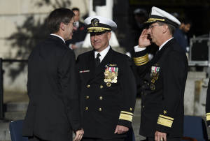 Rear Adm. Mat W. Winter (center), is relieved as the chief of naval research (CNR) during a change-of-command ceremony at the U.S. Navy Memorial in Washington. (U.S. Navy photo by John F. Williams)